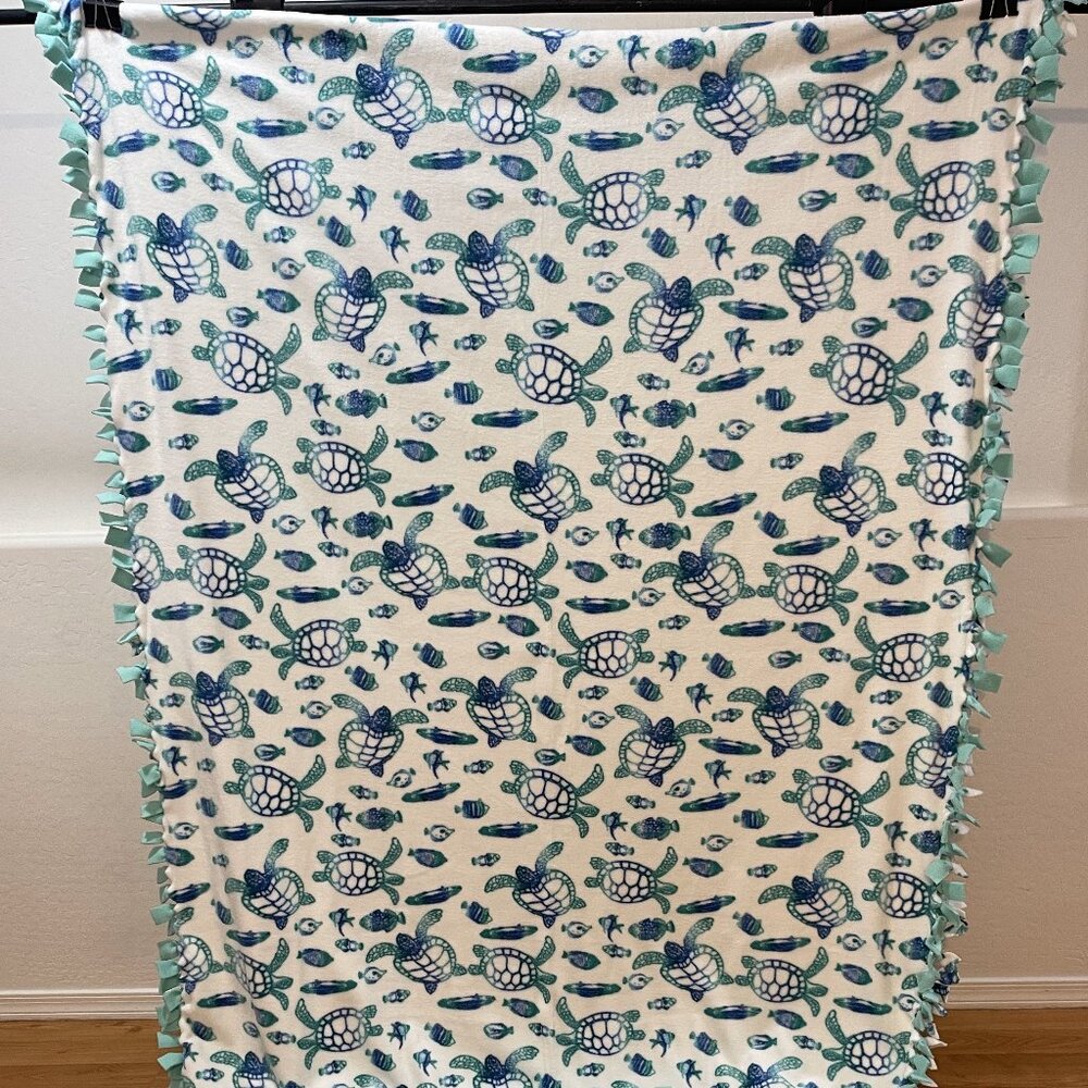 Teal & Blue Sea Turtle Double-Sided Heavy Fleece Blanket #22 (57.5in W X 65in L)
